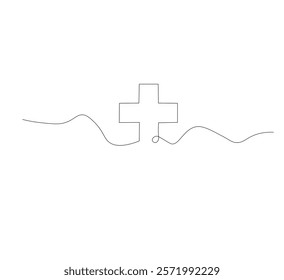 Medical cross continuous line drawing, white background, Line art. Plus sign. Logo icon concept. Vector illustration.