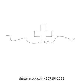 Medical cross continuous line drawing, white background, Line art. Plus sign. Logo icon concept. Vector illustration.