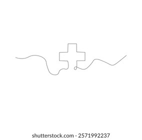 Medical cross continuous line drawing, white background, Line art. Plus sign. Logo icon concept. Vector illustration.