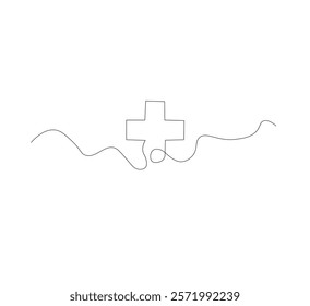 Medical cross continuous line drawing, white background, Line art. Plus sign. Logo icon concept. Vector illustration.