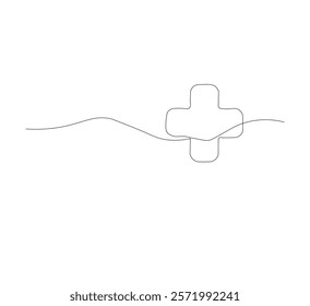 Medical cross continuous line drawing, white background, Line art. Plus sign. Logo icon concept. Vector illustration.