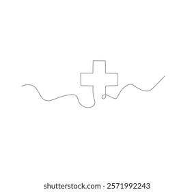 Medical cross continuous line drawing, white background, Line art. Plus sign. Logo icon concept. Vector illustration.