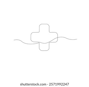 Medical cross continuous line drawing, white background, Line art. Plus sign. Logo icon concept. Vector illustration.