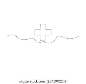 Medical cross continuous line drawing, white background, Line art. Plus sign. Logo icon concept. Vector illustration.