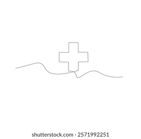 Medical cross continuous line drawing, white background, Line art. Plus sign. Logo icon concept. Vector illustration.