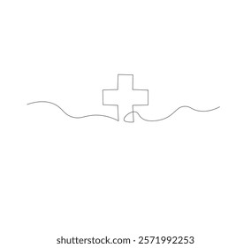 Medical cross continuous line drawing, white background, Line art. Plus sign. Logo icon concept. Vector illustration.