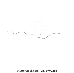 Medical cross continuous line drawing, white background, Line art. Plus sign. Logo icon concept. Vector illustration.