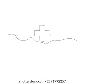 Medical cross continuous line drawing, white background, Line art. Plus sign. Logo icon concept. Vector illustration.