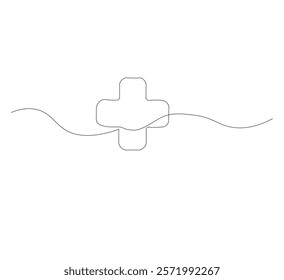 Medical cross continuous line drawing, white background, Line art. Plus sign. Logo icon concept. Vector illustration.