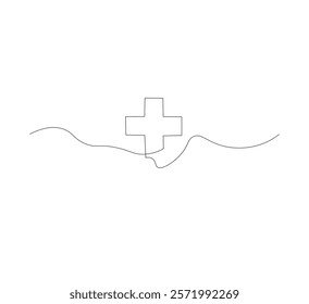 Medical cross continuous line drawing, white background, Line art. Plus sign. Logo icon concept. Vector illustration.