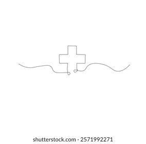 Medical cross continuous line drawing, white background, Line art. Plus sign. Logo icon concept. Vector illustration.