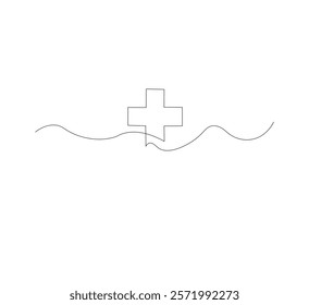 Medical cross continuous line drawing, white background, Line art. Plus sign. Logo icon concept. Vector illustration.