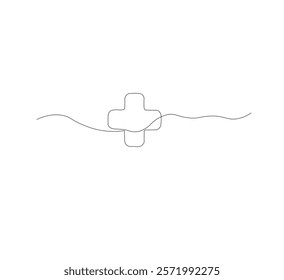 Medical cross continuous line drawing, white background, Line art. Plus sign. Logo icon concept. Vector illustration.