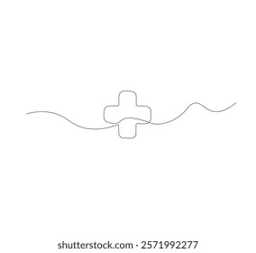 Medical cross continuous line drawing, white background, Line art. Plus sign. Logo icon concept. Vector illustration.