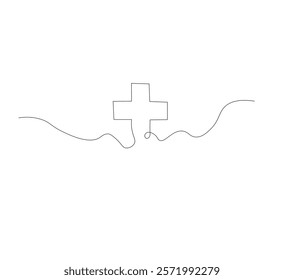 Medical cross continuous line drawing, white background, Line art. Plus sign. Logo icon concept. Vector illustration.