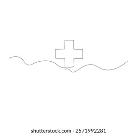 Medical cross continuous line drawing, white background, Line art. Plus sign. Logo icon concept. Vector illustration.