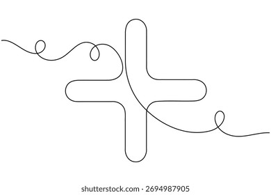 Medical cross continuous one line drawing on white background minimalist health symbol outline vector illustration