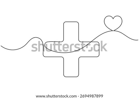 Medical cross continuous one line drawing on white background minimalist health symbol outline vector illustration