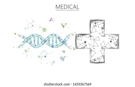 Medical cross DNA gene therapy concept. Medical consultation app. Web healthcare diagnosis geometric modern hospital network banner. Drugstore market background low poly