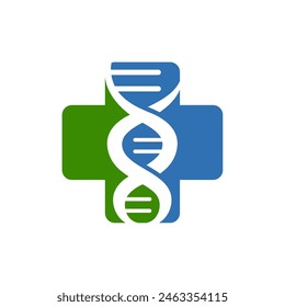 Medical cross and DNA logo with a blue and green substance. Perfect for medical, educational materials, science blog posts, or laboratory related designs and presentations.