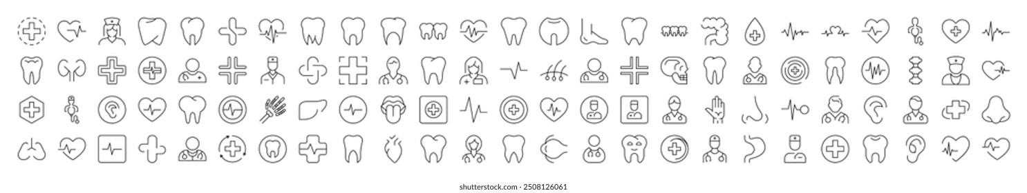 Medical Cross, Doctor, Tooth, Internal Organs, Clinic Line Icon Set. Editable Stroke. Minimalistic Linear Pictogram for Design of Cards, Apps, Banners, Posts