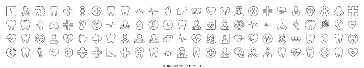 Medical Cross, Doctor, Tooth, Internal Organs, Clinic Outline Web Line Icons Collection. Editable Stroke. Minimalistic Linear Pictogram for Design of Cards, Apps, Banners, Posts