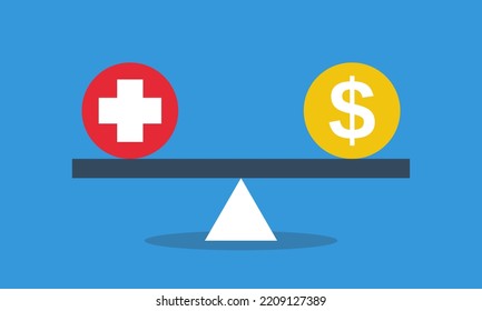 Moneda médica y dólar en equilibrio sobre el agua de mar. Concepto de seguro médico costoso. Vector de estilo plano infografico ilustración.