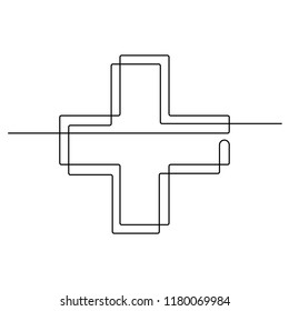 A medical cross is drawn by single black line white background  Continuous line drawing  Vector illustration 