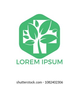 Medical cross and green leafs vector logo concept illustration. Natural Health Care Logo, Natural Treatment Logo.