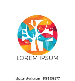 Medical cross and green leafs vector logo concept illustration. Natural Health Care Logo, Natural Treatment Logo.