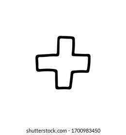 Medical Cross Hand Drawn Doodle Vector Illustration Isolated On White Background. Symbol Of The Emergency Medical Services, Ambulance And Paramedic Services. Design For Logo, Print, Banner