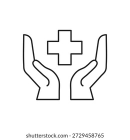 Medical Cross in Hand Editable Stroke Outline Icon, Healthcare Assistance Plus Icon Editable Stroke Outline..eps