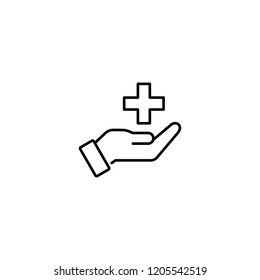 Medical Cross In Hand; Medical Helping Symbol; Line Black Icon On White Background 