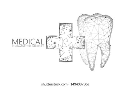 Medical cross healthy human tooth 3d. Medicine model low poly. Doctor online concept. Medical consultation app. Web healthcare dentist stomatologist modern technology vector illustration