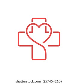 Medical cross with heart. Healthcare  Logo design template element.Vector linear illustration icon isolated on white background.