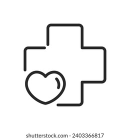 Medical Cross with Heart Icon - Linear Vector Pictogram for Healthcare and Love, Valentine's Day Health Symbol, Emergency Aid and Compassion Design