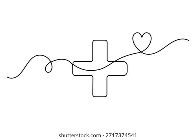 Cruz médica y forma de corazón en estilo de dibujo continuo de una línea