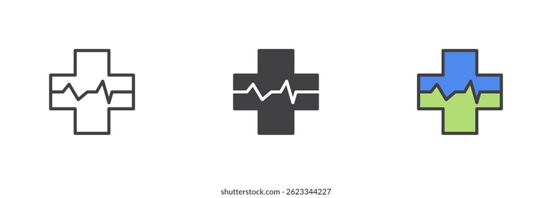 Cruz médica com ícone de batimento cardíaco em linha, estilo de contorno sólido e preenchido. Ícone de símbolo de assistência médica e ajuda de emergência. Sinal de hospital vetorial