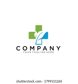 Medical cross and herbal leaf. medicine pharmacy logo. medical health symbol. herbal health care logo. nature logo.