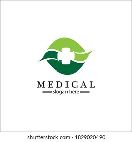 Medical cross and herbal leaf. medicine pharmacy logo. medical health symbol. herbal health care logo. nature logo.