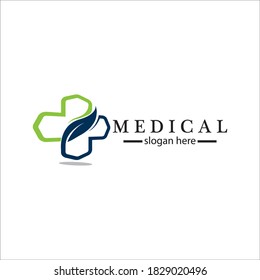 Medical cross and herbal leaf. medicine pharmacy logo. medical health symbol. herbal health care logo. nature logo.