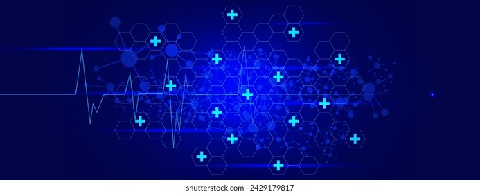 Medical cross with hexagons, molecular structure and hear beat. Medicine, health care, science and technology concept background. Vector illustration.