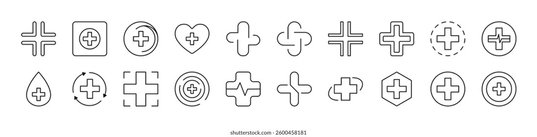 Medical Cross as Hospital Symbol Related Line Icons for Web Sites, Books, Cards, Apps. Editable Stroke. Suitable for Web Sites, Books, Cards, Apps