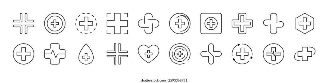 Medical Cross as Hospital Symbol Thin Icons Collection. Editable Stroke. Suitable for Web Sites, Books, Cards, Apps