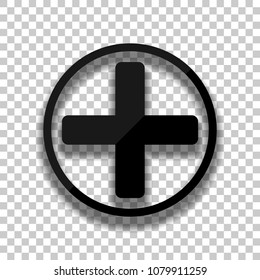 Medical cross icon. Black glass icon with soft shadow on transparent background