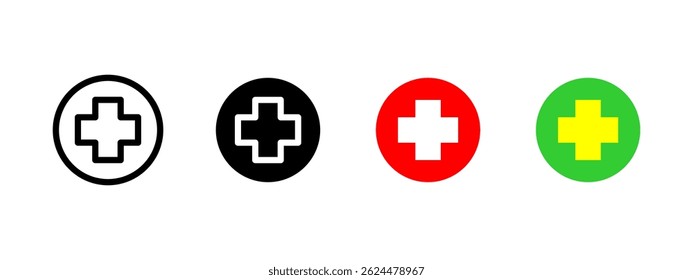 Medical cross icon. Bold symmetrical cross in circular shape vector illustration. Universal health and emergency care symbol. Hospitals, aid stations and clinics sign. Healthcare pictogram.