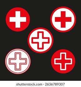 Medical cross icon. Emergency red symbol. Vector health shape. White background figure.