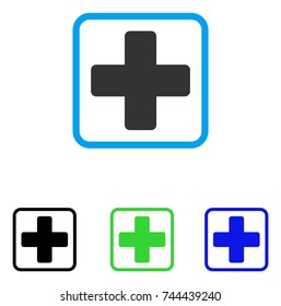 Medical Cross icon. Flat gray iconic symbol in a blue rounded frame. Black, green, blue color versions of Medical Cross vector. Designed for web and app interfaces.