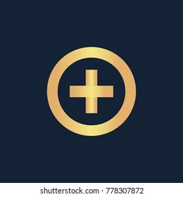 Medical cross icon flat. Simple gold pictogram on dark background. Vector illustration symbol