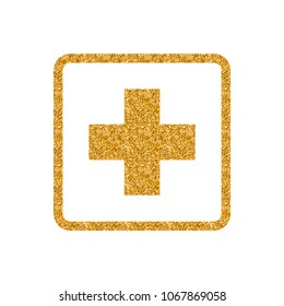 Medical cross icon in gold glitter texture. Sparkle luxury style vector illustration.